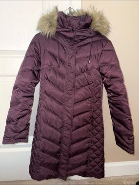 Kenneth Cole New York Quilted Long Puffer Coat in Plum with Faux Fur Hood